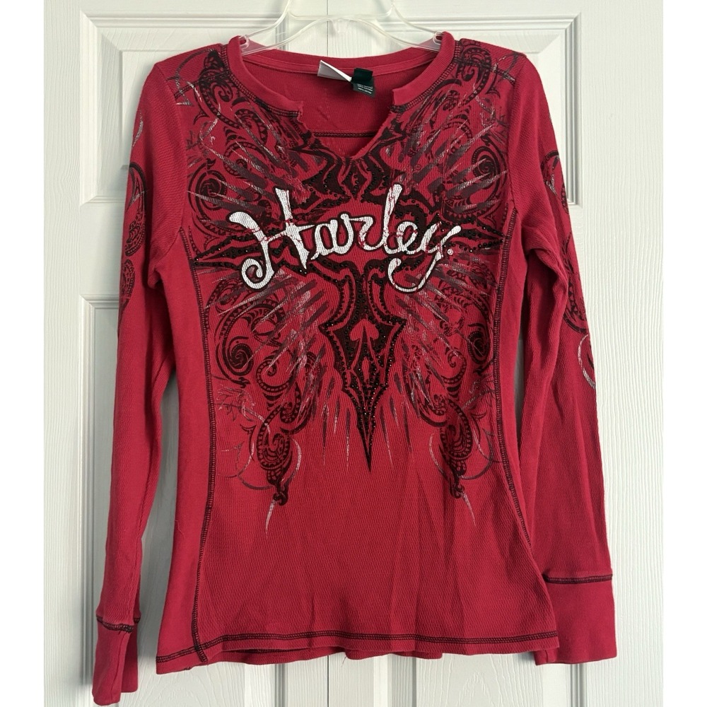 Harley Davidson Women's Knit Henley Red‎ Long Sleeve Embroidered Size Medium